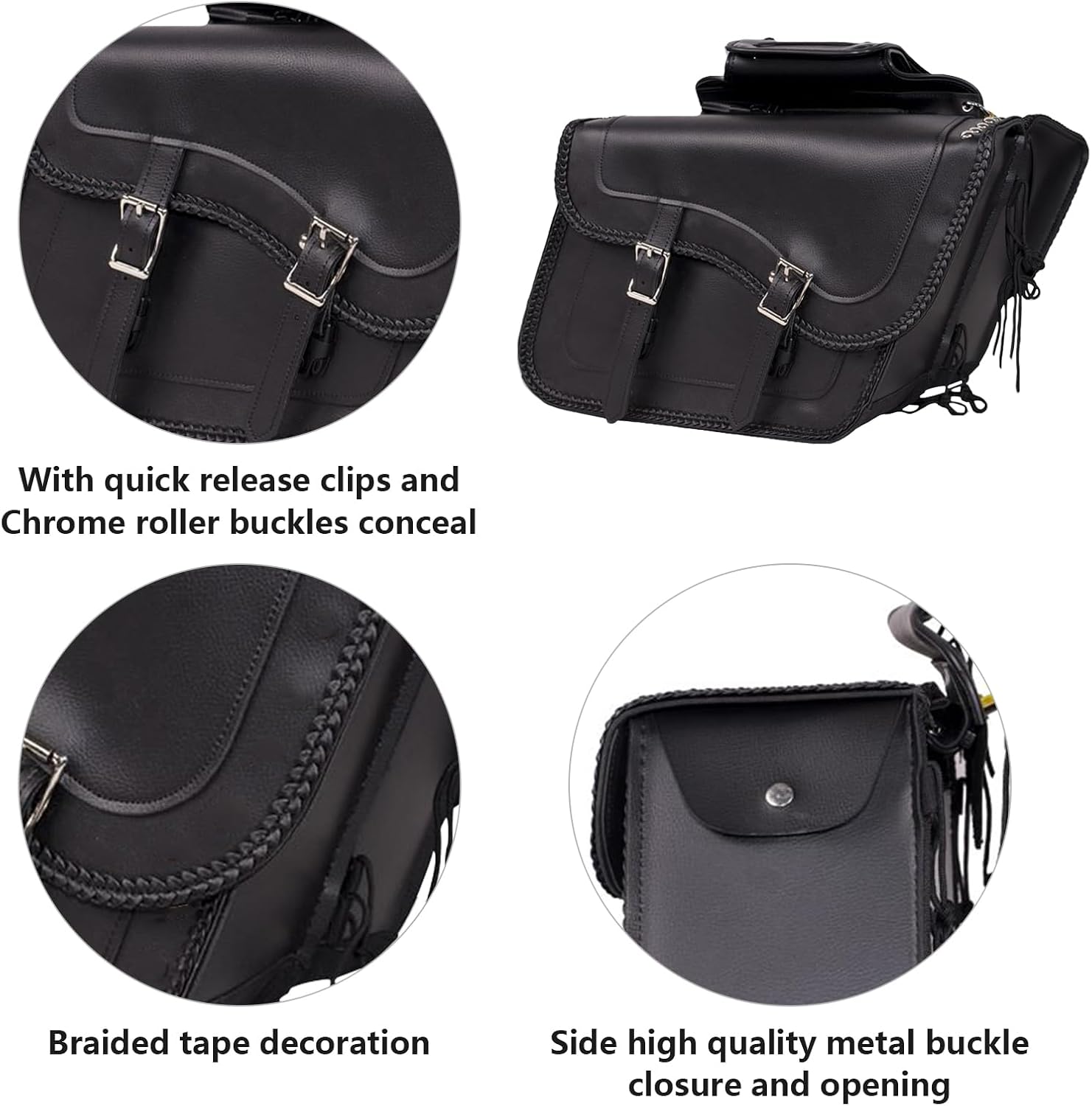 GARGOYLE BELLS Motorcycle Saddle Bags Synthetic Leather Motorcycle Luggage Bag Waterproof Throw Over Saddlebags For Softails Sportsters Choppers Dyna V-star Shadow (No Stud, Black, 16"x13"x11.5")