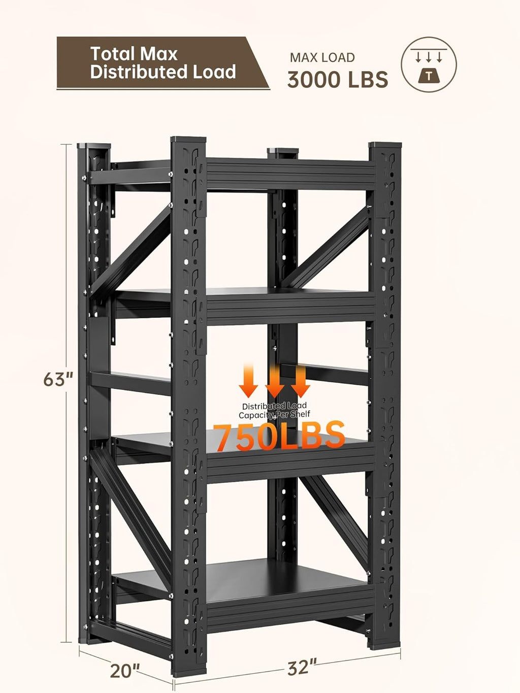 4-Tier Storage Shelves,63" H Heavy-Duty Garage Shelving Unit,Adjustable Industrial Metal Shelf System,3,000lbs Capacity,Tool Organizer for Garage,Workshop,32" W*20" D*63" H,Black