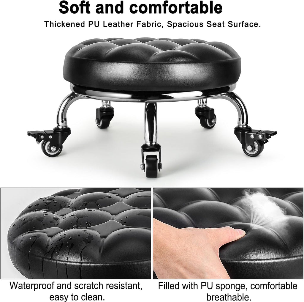 Low Rolling Stool, Low Stool with Wheels, PU Leather Low Roller Seat Stool Chair, Rolling Seat Stool for Home Office Garage Shop (Style 1)