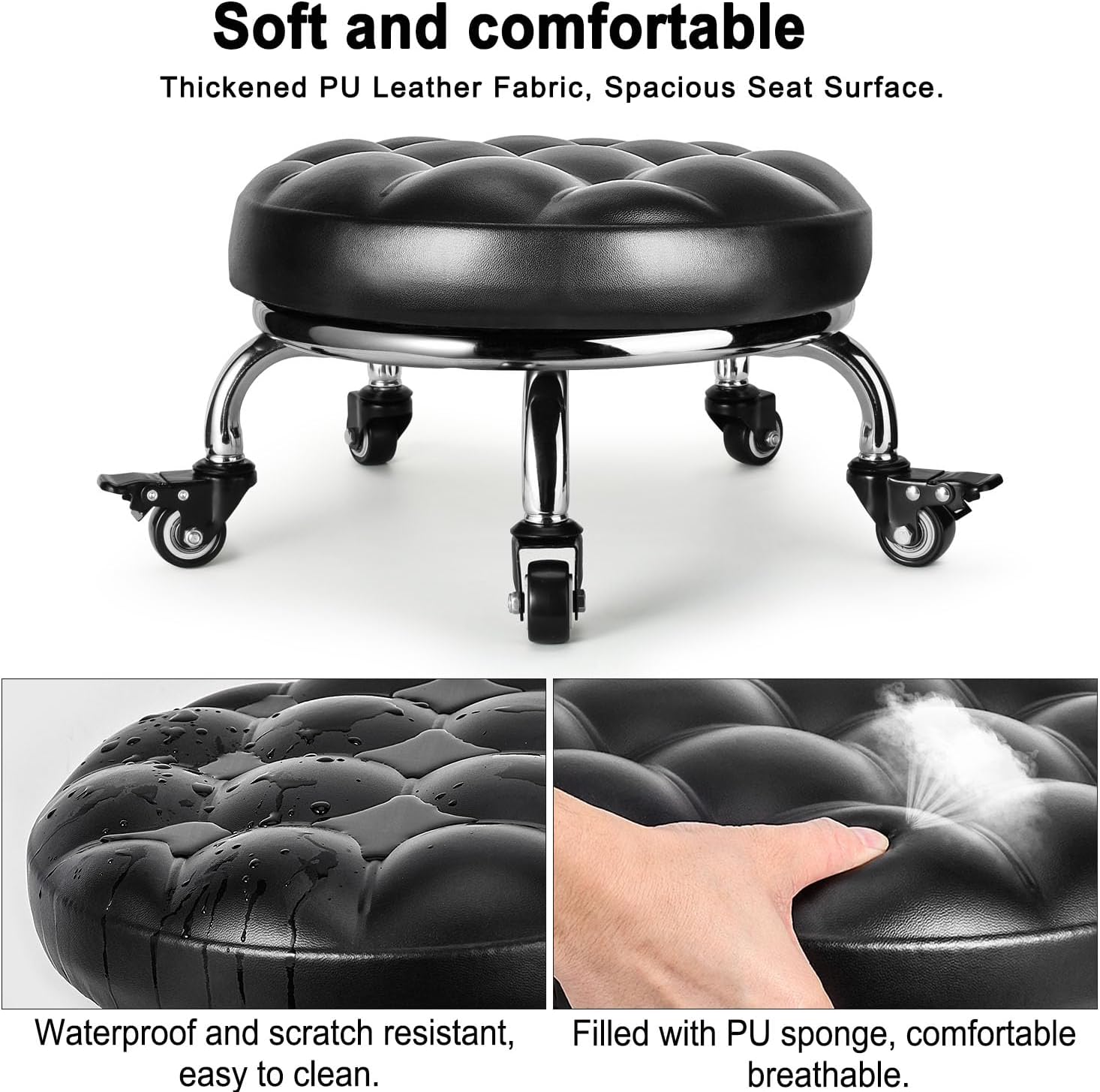 Low Rolling Stool, Low Stool with Wheels, PU Leather Low Roller Seat Stool Chair, Rolling Seat Stool for Home Office Garage Shop (Style 1)