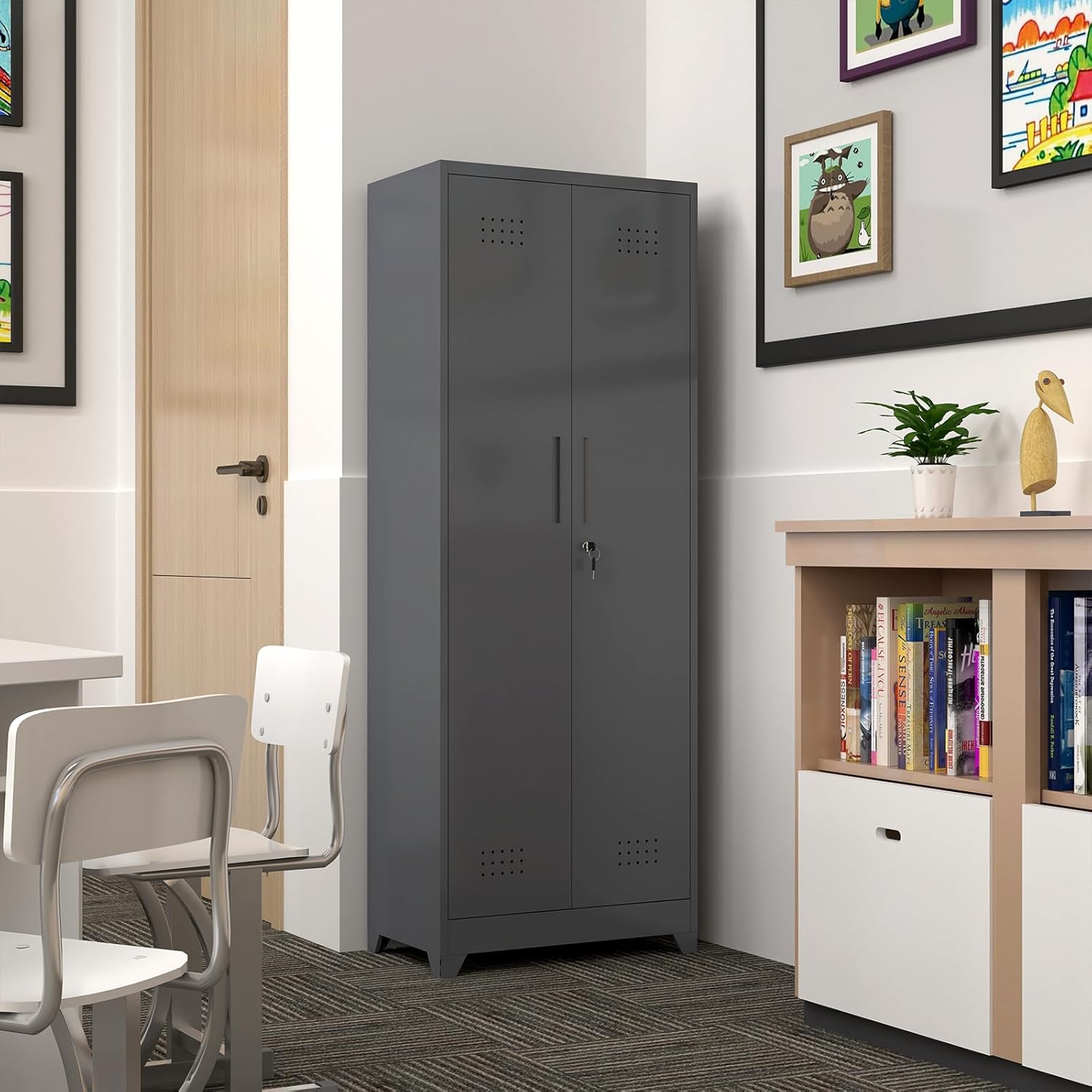 GREATMEET 65" H Metal Garage Storage Cabinets with Lock Door and Adjustable Shelves,Grey Broom Closet Storage Cabinet for Cleaning Supplies for Garage, Bathroom,Kitchen,Home