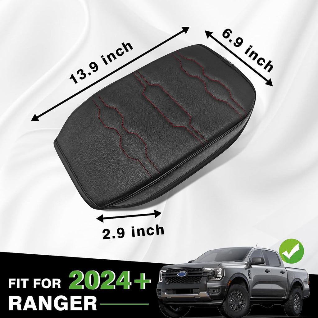 Muslogy Center Console Armrest Cover Compatible with Ford Ranger 2024 2025 Accessories Comfort Armrest Pad Cushion Box Lid Cover Vegan Leather Protector Regular Thick(Black/Orange Stitching)