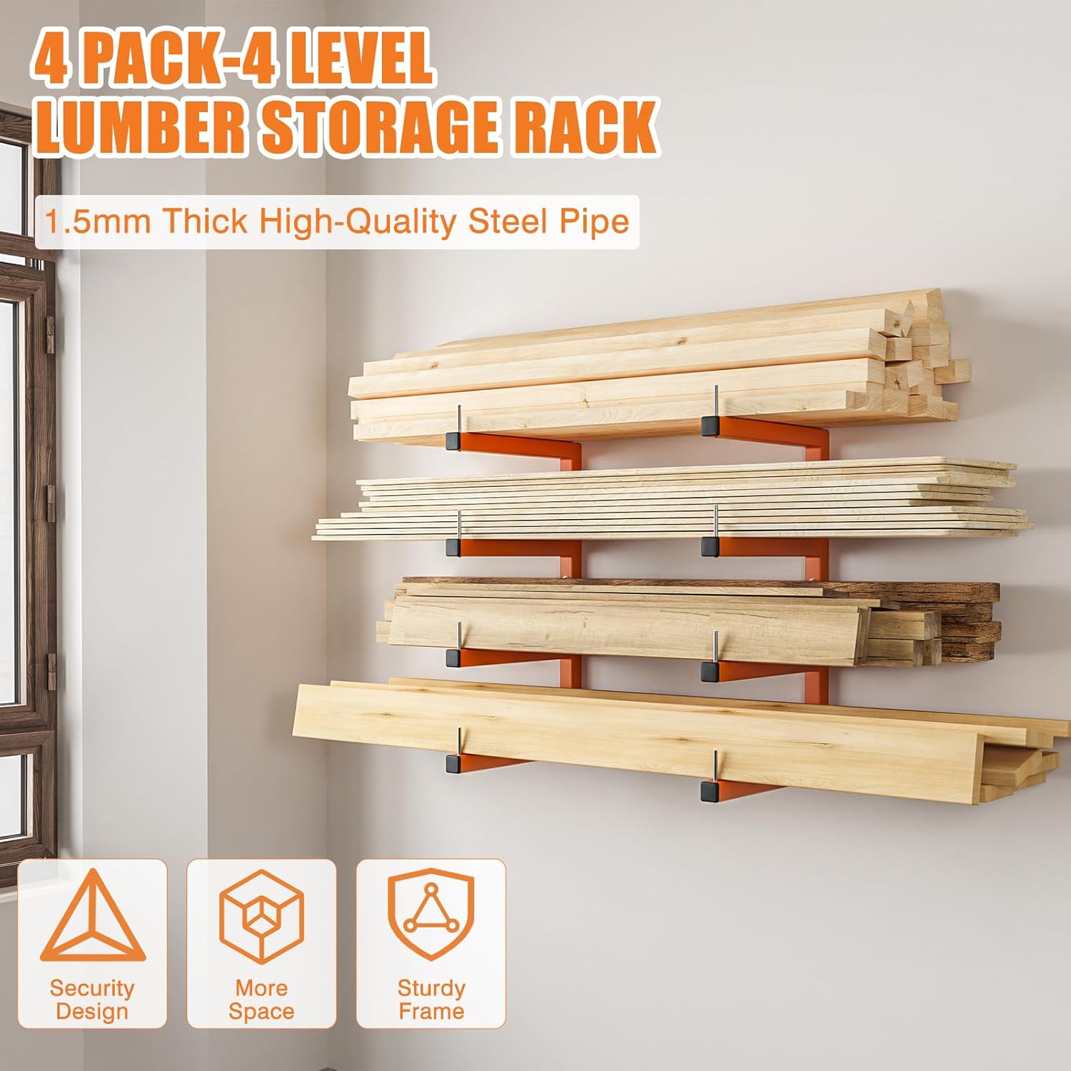 4-Pack Lumber Storage Rack, Wood Storage Racks Wall Mount, Heavy Duty Garage Wood Organizer With 8-Level System, Orange Utility Rack Organization Up 1600 Lbs, Metal Lumber Shelf for Indoor & Outdoor