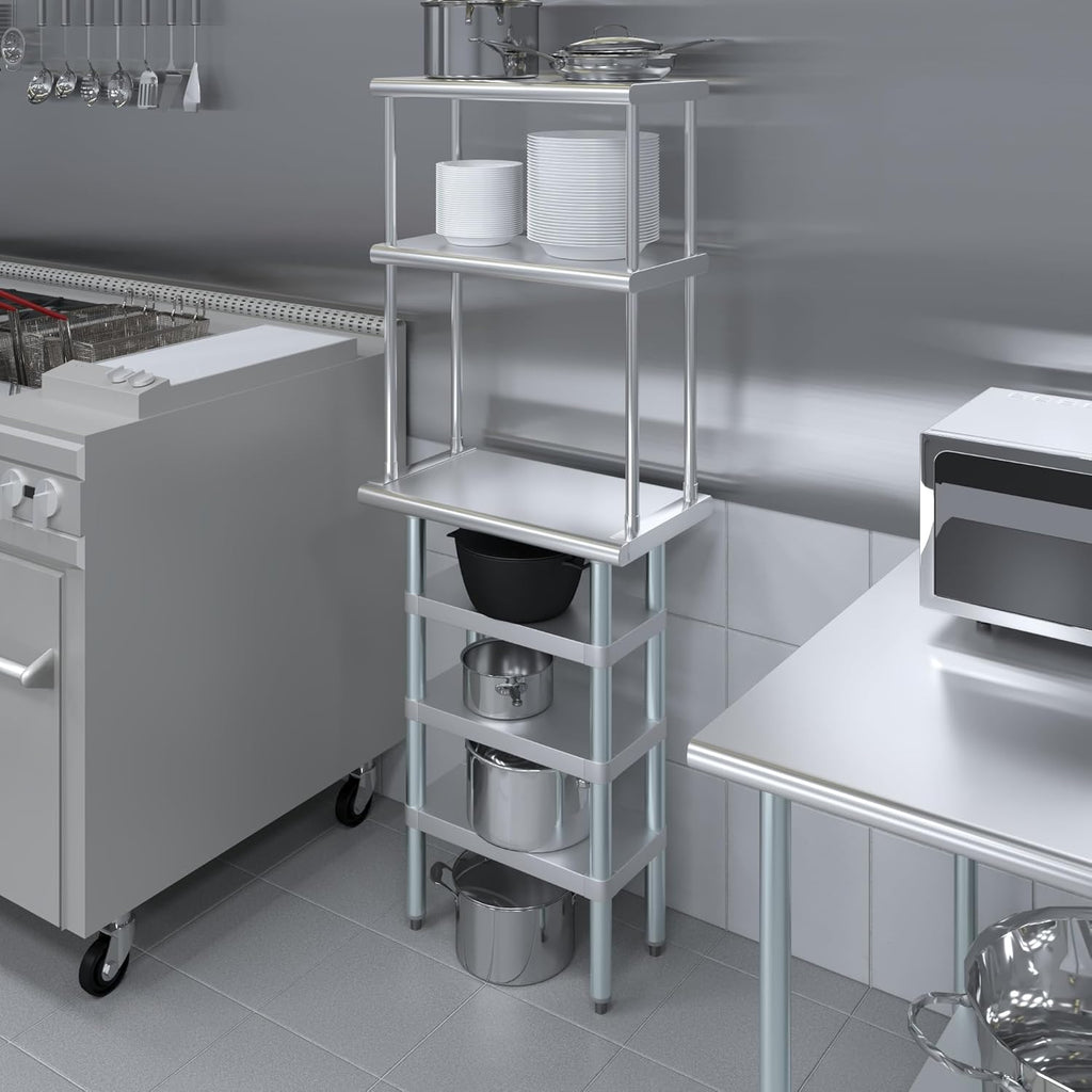 Amgood 14" x 24" Stainless Steel Work Table with 3 Shelves and 12" Wide Double Tier Overshelf | Metal Kitchen Prep Table & Shelving Combo | NSF