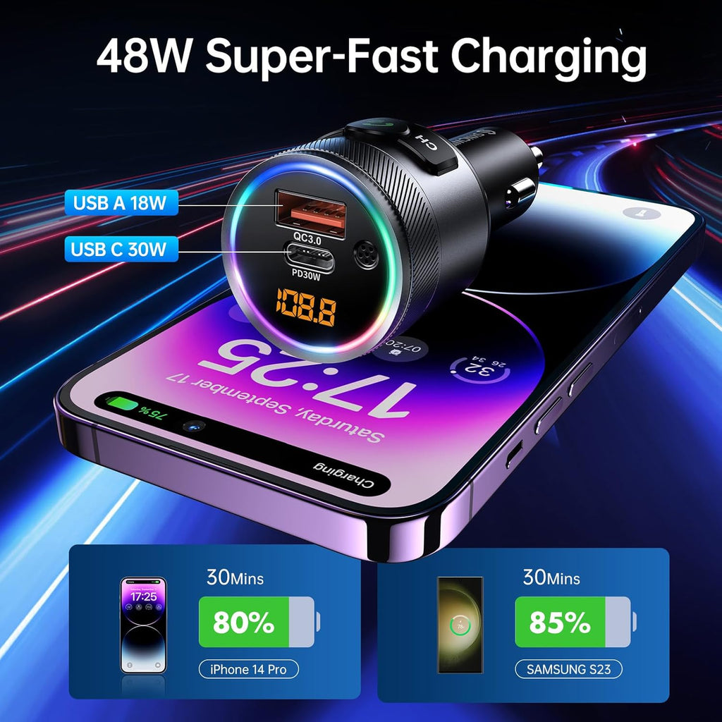 Syncwire Bluetooth 5.4 FM Transmitter for Car, 38W PD&QC3.0 Dual USB Charging Bluetooth Car Adapter Microphone & Bass Sound MP3 Music Player FM Kit with Hands-Free Calling
