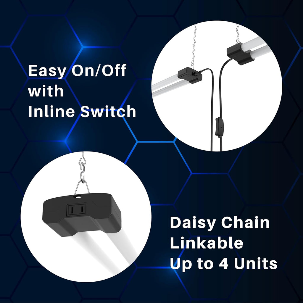 DYMOND 4 FT 40W LED Shop Light Fixture with Inline Switch, Hanging or Flush Mount, Bright Daylight 5000K for Garage Workshop Basement