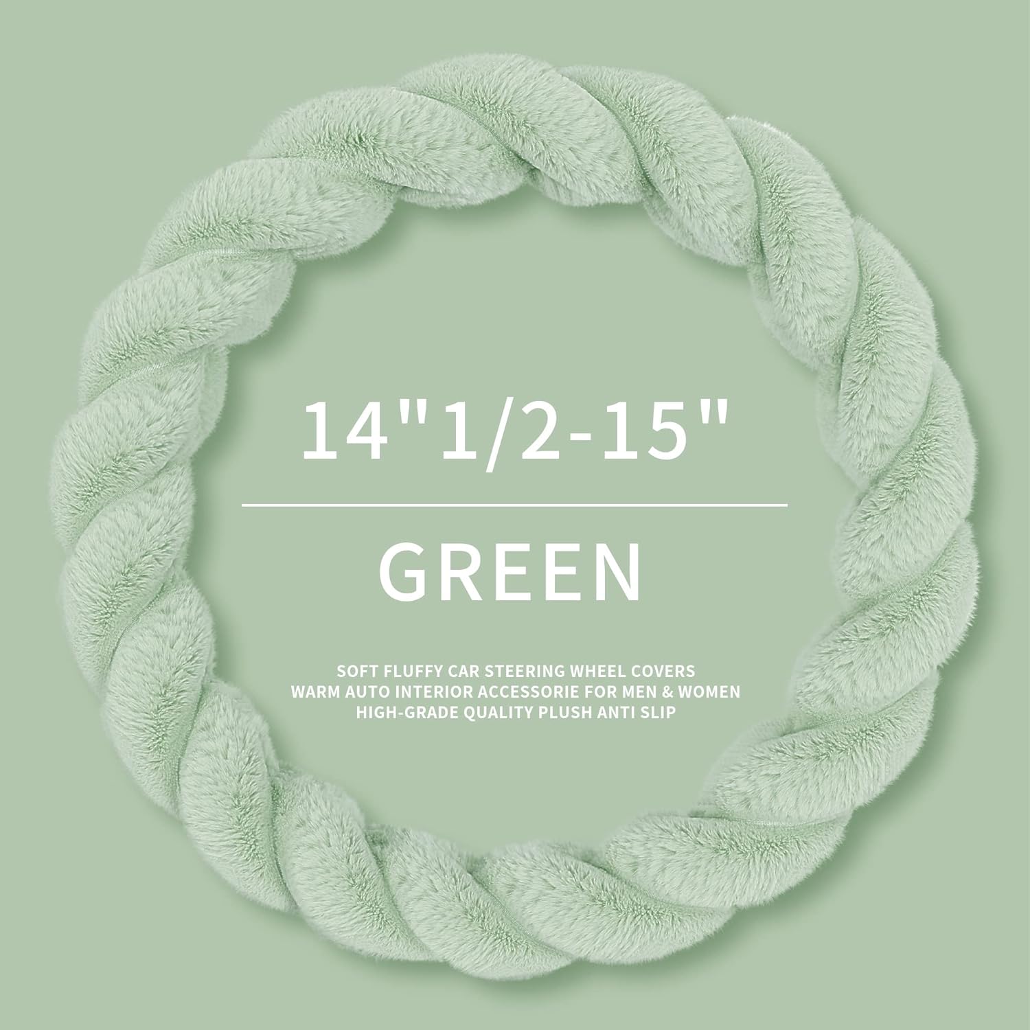 Luxury Fluffy Winter Car Steering Wheel Cover for Women Soft Warm Plush Cute Auto Accessories for Vehicle, Sedan, Universal, Fuzzy, Anti Slip, Green, Standard Size, 14.75-15.15"