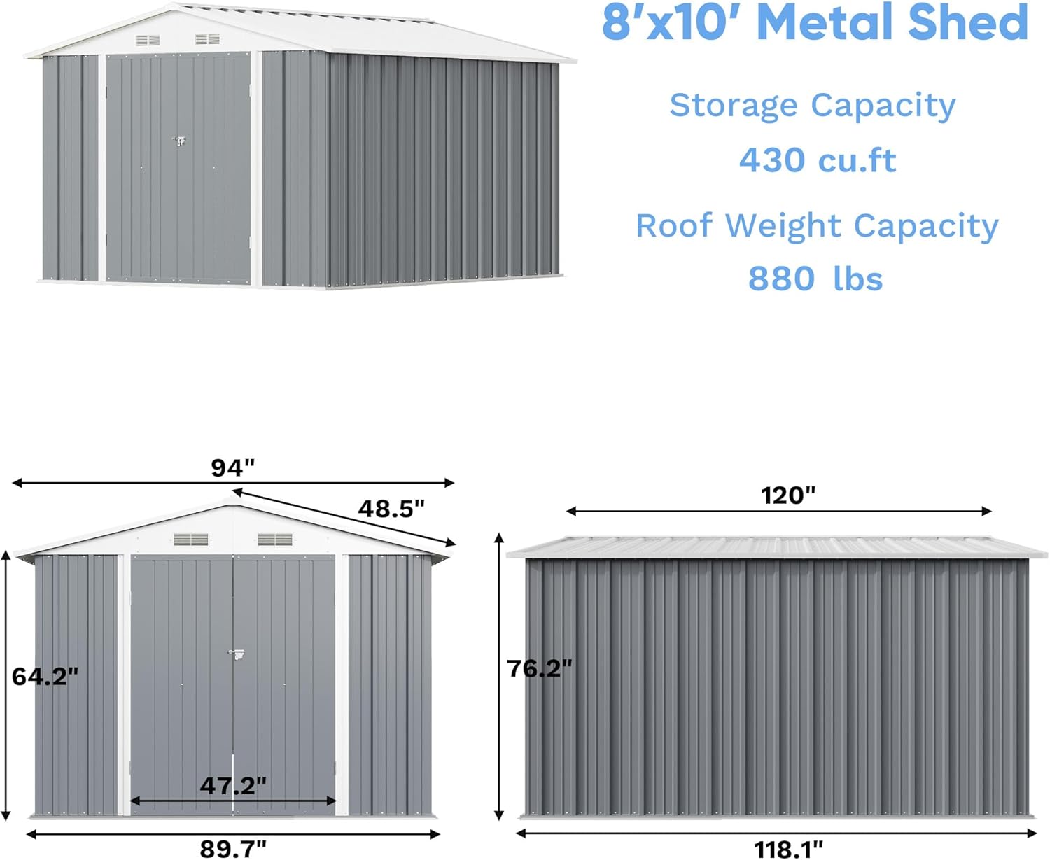 Greesum 8×10FT Outdoor Storage Shed, Metal Patio Storaged Sheds with Lockable Doors, Sheds & Outdoor Storage for Bike, Backyard, Pool and Garden, Gray
