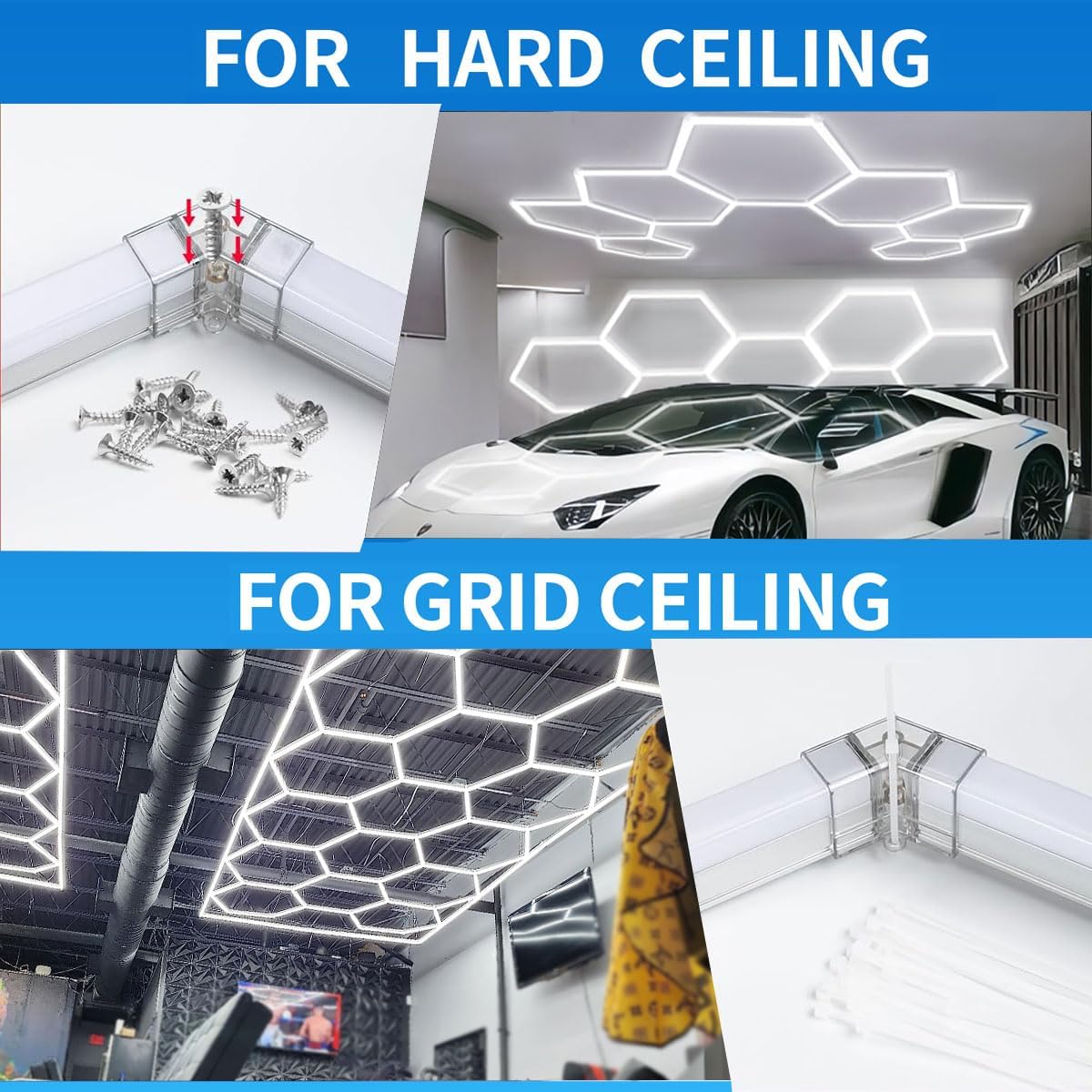 tewei Hexagon LED Garage Light, 7 Grids Hexagon Car Detailing Lighting Fixture 6500K Daylight White LED Shop Light, 275W, 27500LM Super Bright Ceiling Lights for Workshop, Warehouse, Gym, Basement