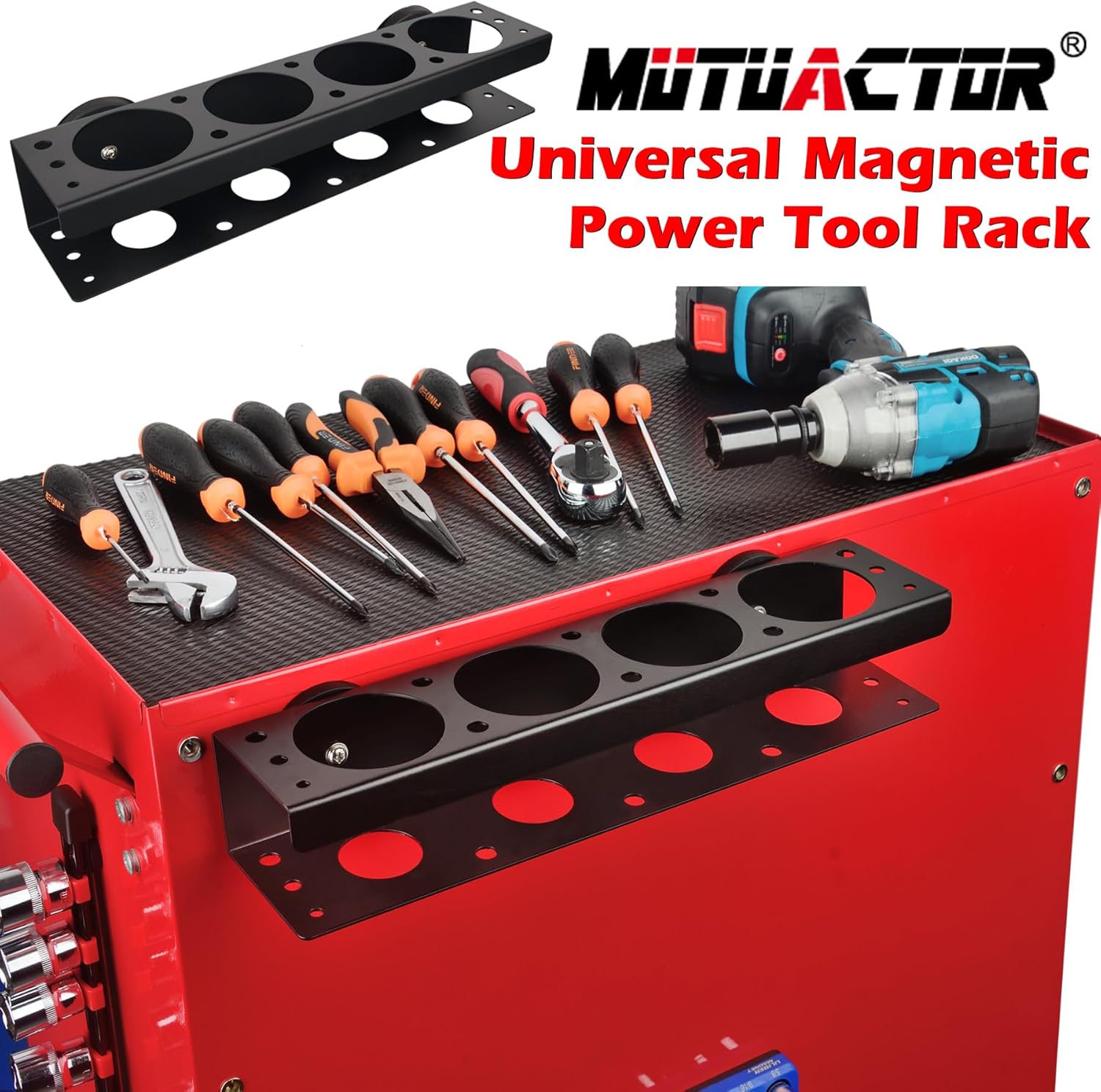 MUTUACTOR Super Power Tool Organizer, Non-Slip 4 Drill Holder Magnetic Mount with 2 Layer Heavy Duty Metal Storage Rack, Garage Tool Organizer with Screwdriver, Plier, Impact Drill Drivers