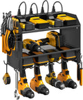 CCCEI Modular Power Tool Organizer Wall Mount with Charging Station. Garage 4 Drill Storage Shelf with Hooks, Screwdriver, Drill Bit Heavy Duty Rack, Tool Battery Holder Built in 8 Outlet Power Strip.