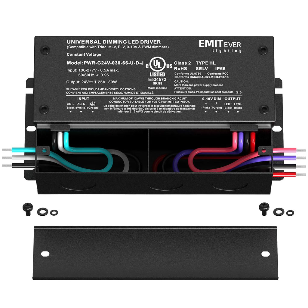 EMITEVER 30W Dimmable LED Driver, 24V Triac Dimmable Power Supply, AC to DC Transformer for LED Light, Compatible with Lutron and Leviton Dimmer, Waterproof IP67 and UL Listed, Class 2