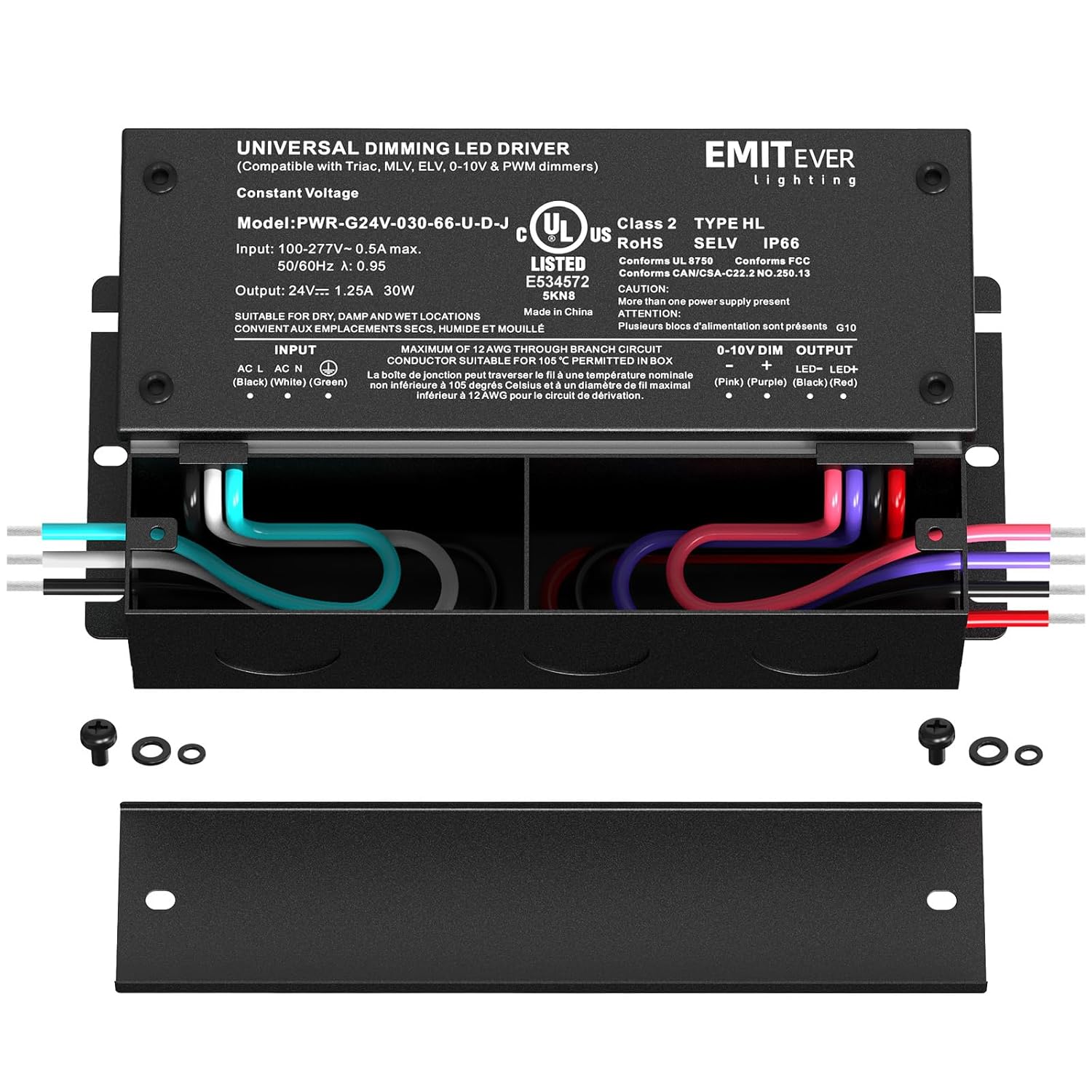 EMITEVER 30W Dimmable LED Driver, 24V Triac Dimmable Power Supply, AC to DC Transformer for LED Light, Compatible with Lutron and Leviton Dimmer, Waterproof IP67 and UL Listed, Class 2