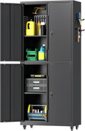 71" H Metal Tool Storage Cabinet with Lock and Wheels, Heavy Duty Garage Cabinet with 4 Doors and 2 Adjustable Shelves, Tool Organizer with Pegboard for Garage, Warehouse(Black, 71" H)