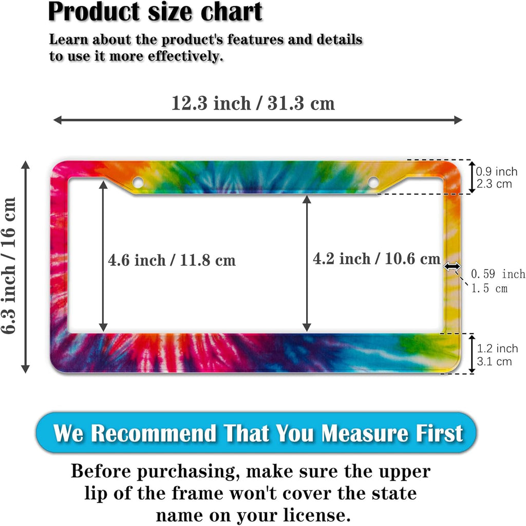 License Plate Frames for Men Rainbow License Plate Frame for Women Novelty Tie Dye Painting Aluminum Metal Car Accessory 2 Pack with Screw Covers Set