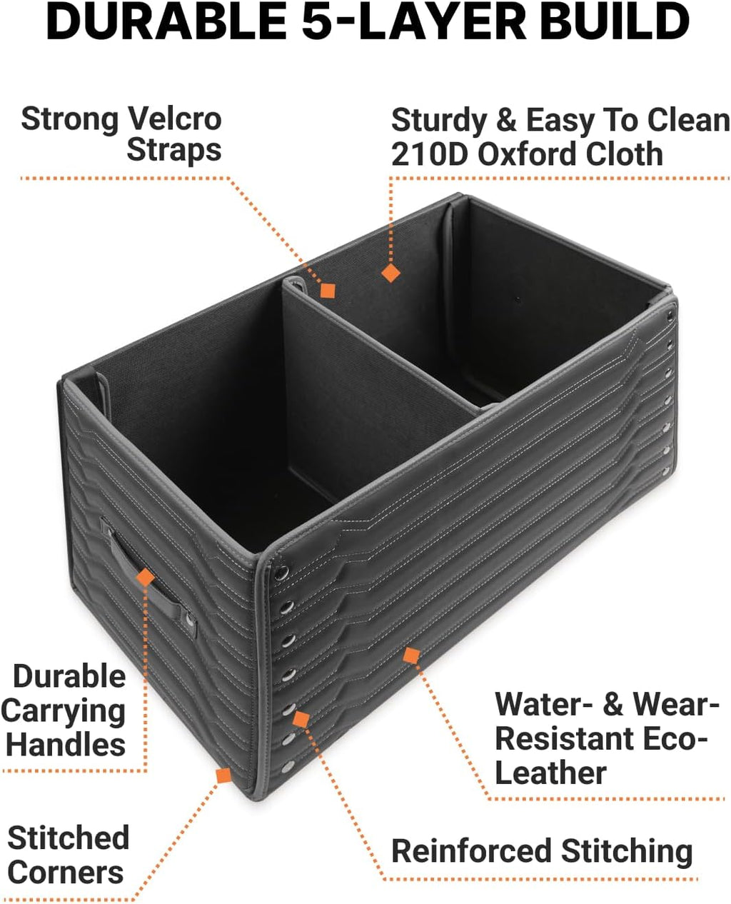Trunk Storage 17.7" Collapsible Crate For Groceries, Tools & Travel Gear - Eco-Leather Car Organizer With Magnetic Lid - Practical Birthday Gift For Men (Highway 17)