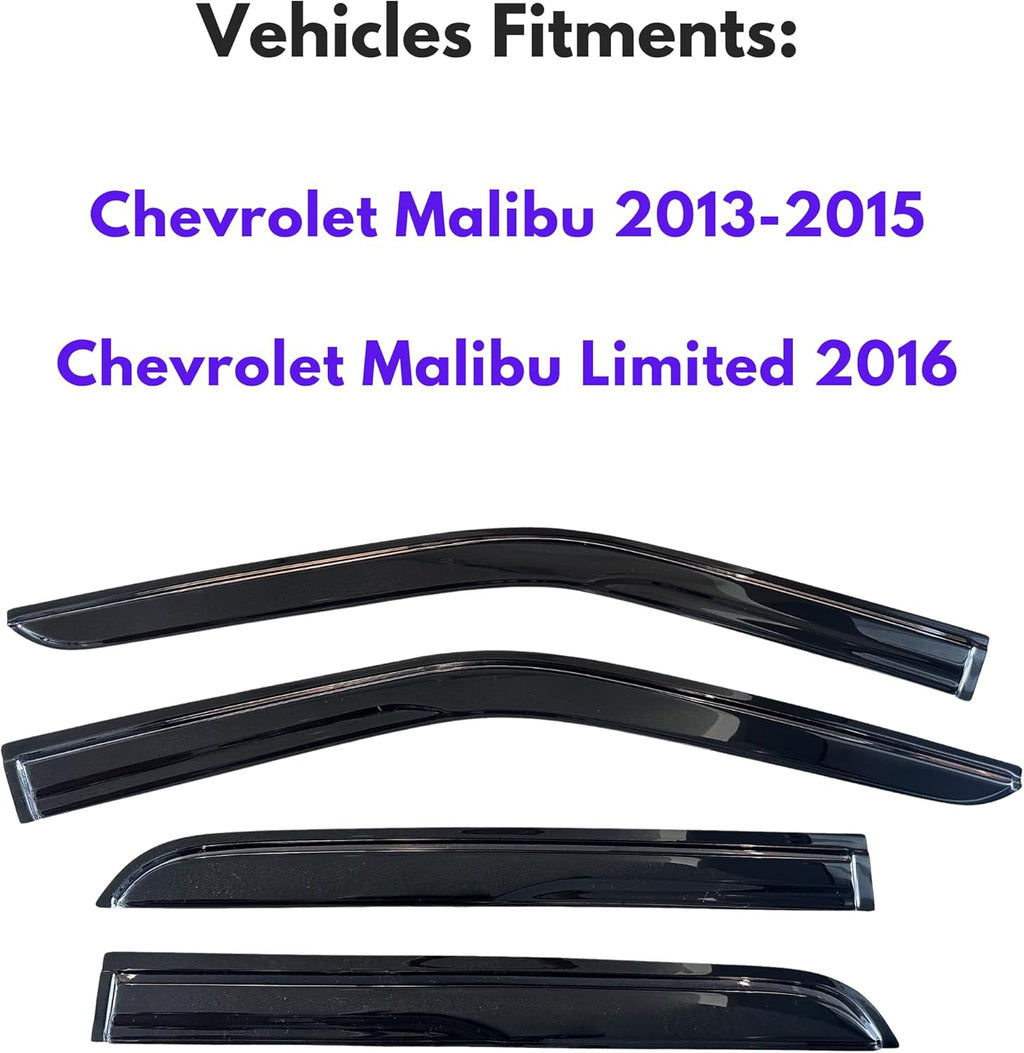 KPY Window Visor Compatible with Chevrolet Chevy Malibu 2013-2015 & Malibu Limited 2016, 4PC Rain Guard Side Window Vent Deflectors Tape-On Mugen Style, 2013 2014 2015 2016