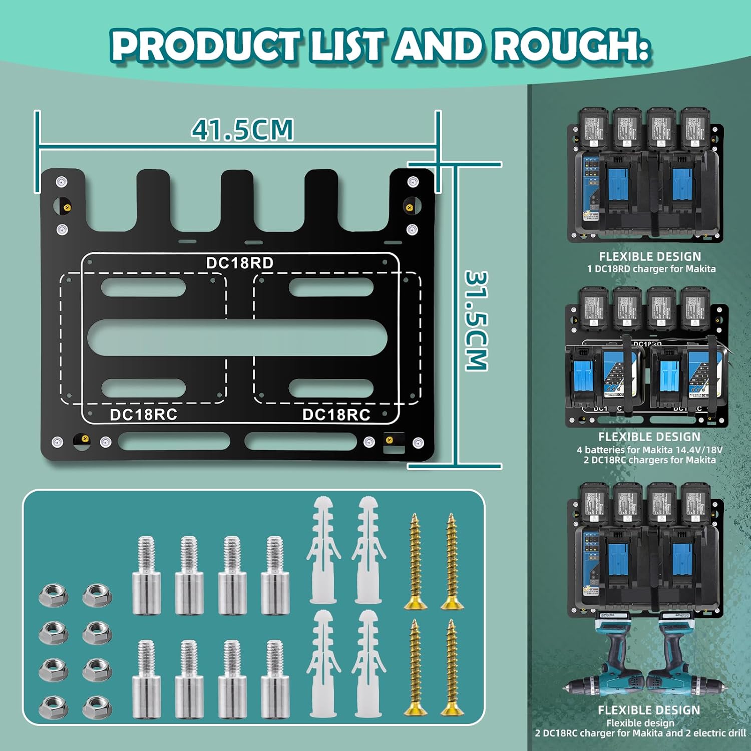 Battery Holder for Makita, Wall Mount for Makita DC18RC DC18RD Chargers, Suitable for Makita Battery Charger 14.4V/18V Batteries and 2 Drilling Screwdrivers, Storage in The Workshop and Garage