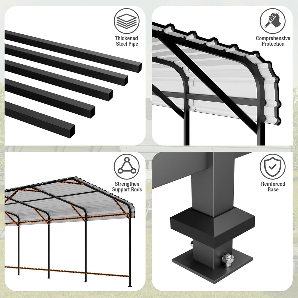EBE 13' x 25' Metal Carport, Outdoor Steel Carport Canopy with Galvanized Steel Frame and Roof, Heavy Duty Garage Shelter Shade for Cars, Boats, and Truck