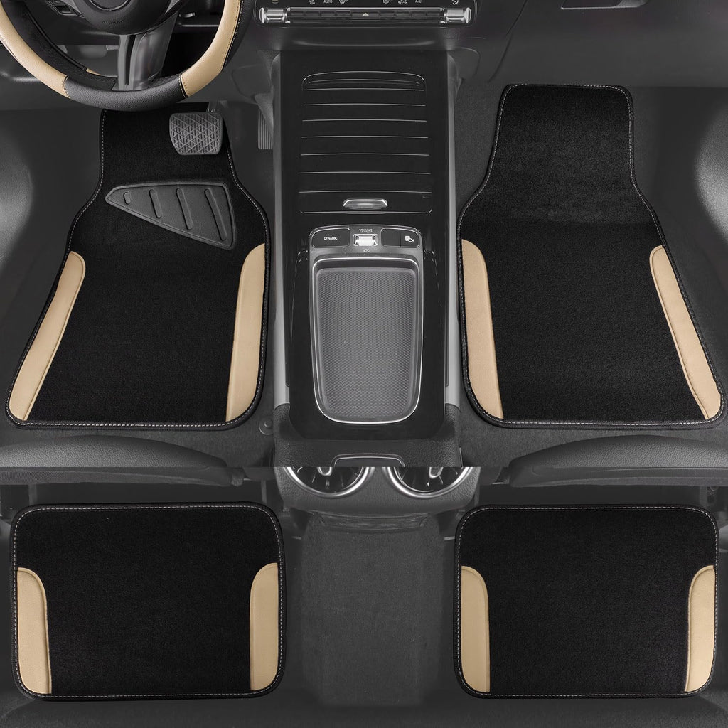 CAR PASS Waterproof Car Floor Mat, Universal Fit Car Mats with Driver Heel Pad, Leather Car Carpet, Anti-Slip Nibbed Backing Floor Mats for SUV, Vans,Sedan,Truck, Automotive Floor Mats (Black Beige)