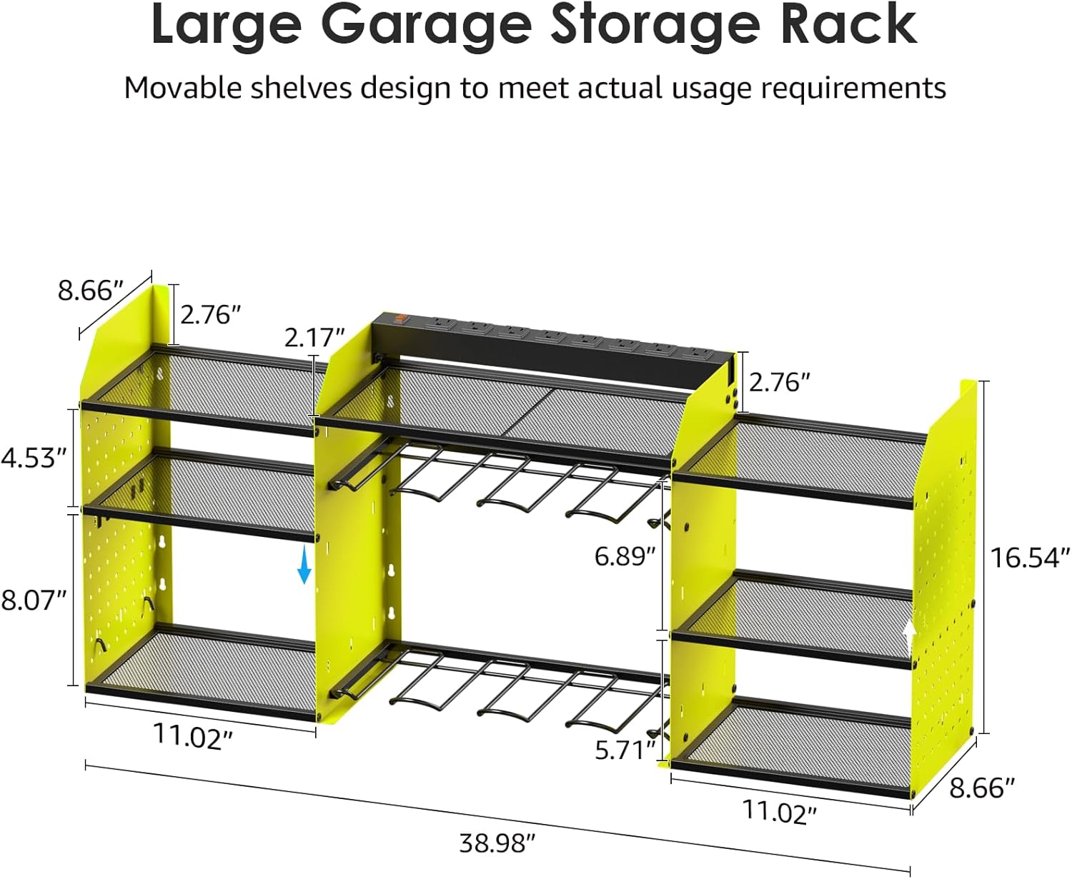 CCCEI Green Large Tools Organizer Wall Mount Charging Station, 39 Inch Long Power Tool Battery Storage Rack with 6FT Power Strip. 8 Drill Holder, Garage Utility Shelves. Pegboard Hanging Extension.