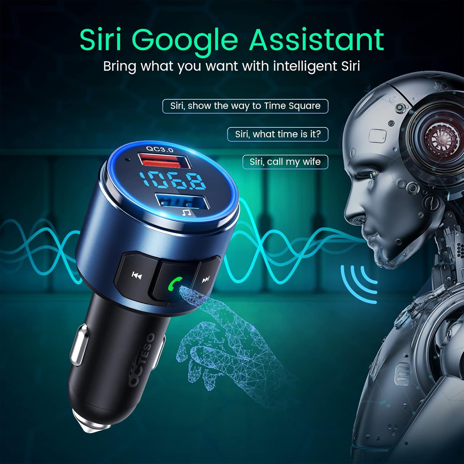 Upgraded FM Bluetooth Transmitter Car, QC3.0 Quick Charging & LED Backlit Bluetooth Car Adapter/FM Transmitter/Hi-Fi Music Player with Noise Cancelling Calls, Siri Google Assistant