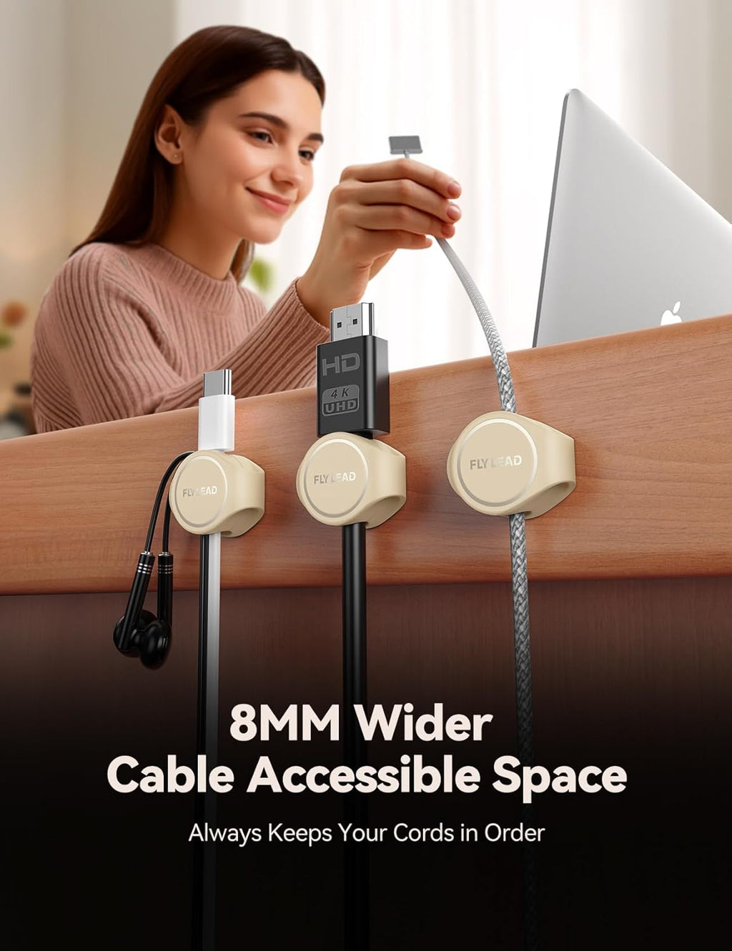 8-Pack Cord Organizer Magnetic Silicone Cable Clips[8 mm Wider Cable Accessible]Desk Cable Management, FLYLEAD Desktop Cord Holder for Nightstand, Office Workspaces Desk Organization Home Accessories