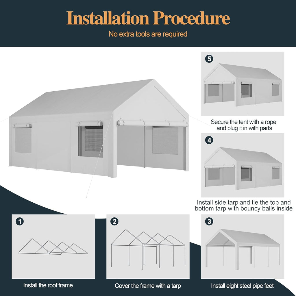 Shintenchi Carport 10' x 20' Heavy Duty Portable Garage, Car Port Canopy with Side-Opening Removable Door & Roll-Up Windows, Car Canopy for Truck,Car,Boat,Motorcycle,White