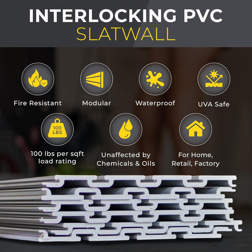 2'H x 4'W Slatwall Panel Garage Wall Organizer: Heavy Duty Wall Mounted PVC Wall Rack, Interlocking Slat Wall Paneling for Garage Wall Storage, Slatwall Board or Slatwall Shelves System - White