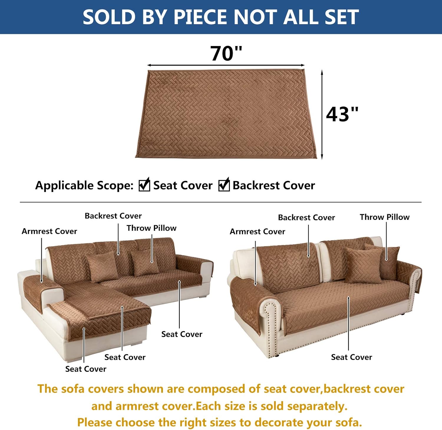 Eismodra Couch Cover,Sectional Couch Covers,Sofa Covers for 3 Cushion Couch,Anti-Slip Sofa Slipcovers for Dogs Cats Kids Loveseat Recliner L Shaped Armrest Backrest,Brown 43''x70''(Only 1 Piece)