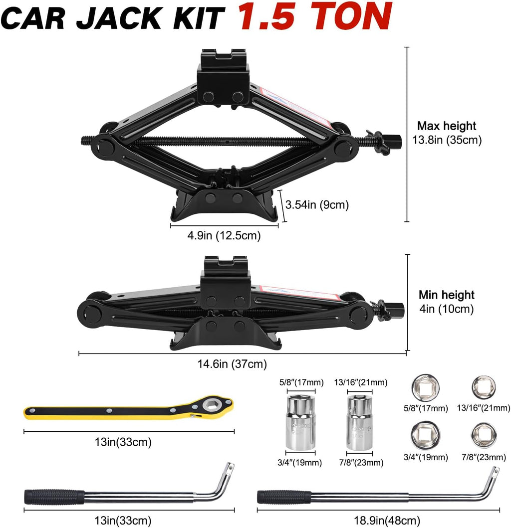Scissor Car Jack 1.5Ton（3306lbs） Tire Changing Kit with Lug Wrench - Emergency Kit for Car, SUV, MPV