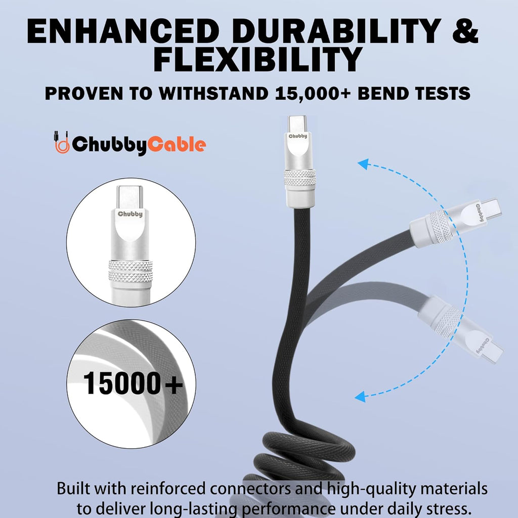 chubbycable Curly Chubby - Retractable Fast Charging Cable 240W Coiled Charger Cord for Car Durable USB-C Cable for Phones, Tablets and More, Orange+Orange, Type-C to Type-C, 1.3FT-2.3FT