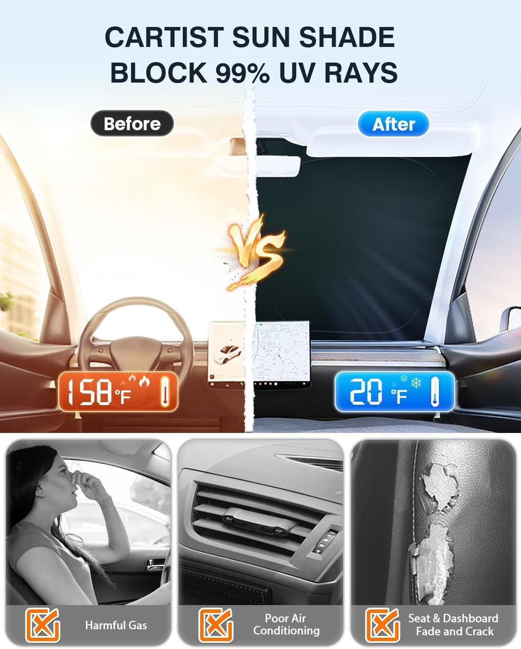 Cartist Windshield Sun Shade Custom Fit for Jeep Wagoneer 2022 2023 2024 Accessories Foldable Car Front Window Sunshade Sun Visor Protector