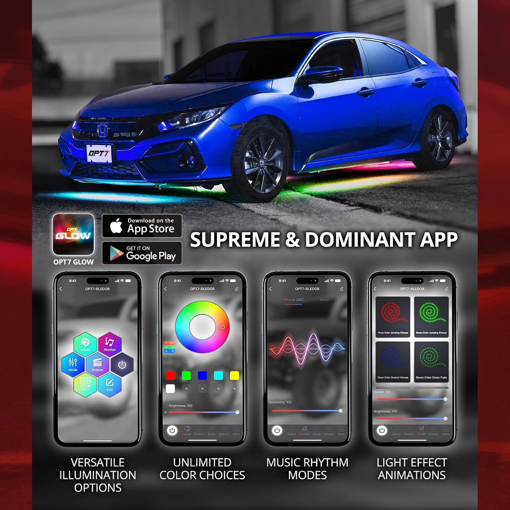 OPT7 Aura DreamColor Underglow Chasing Light Kit with APP & Remote Control, 4 PCS Flexible RGBIC LED Light Strips, Exterior Neon Accent Underbody Lights for Car Truck RV, Multi Colors Music Mode, 12V