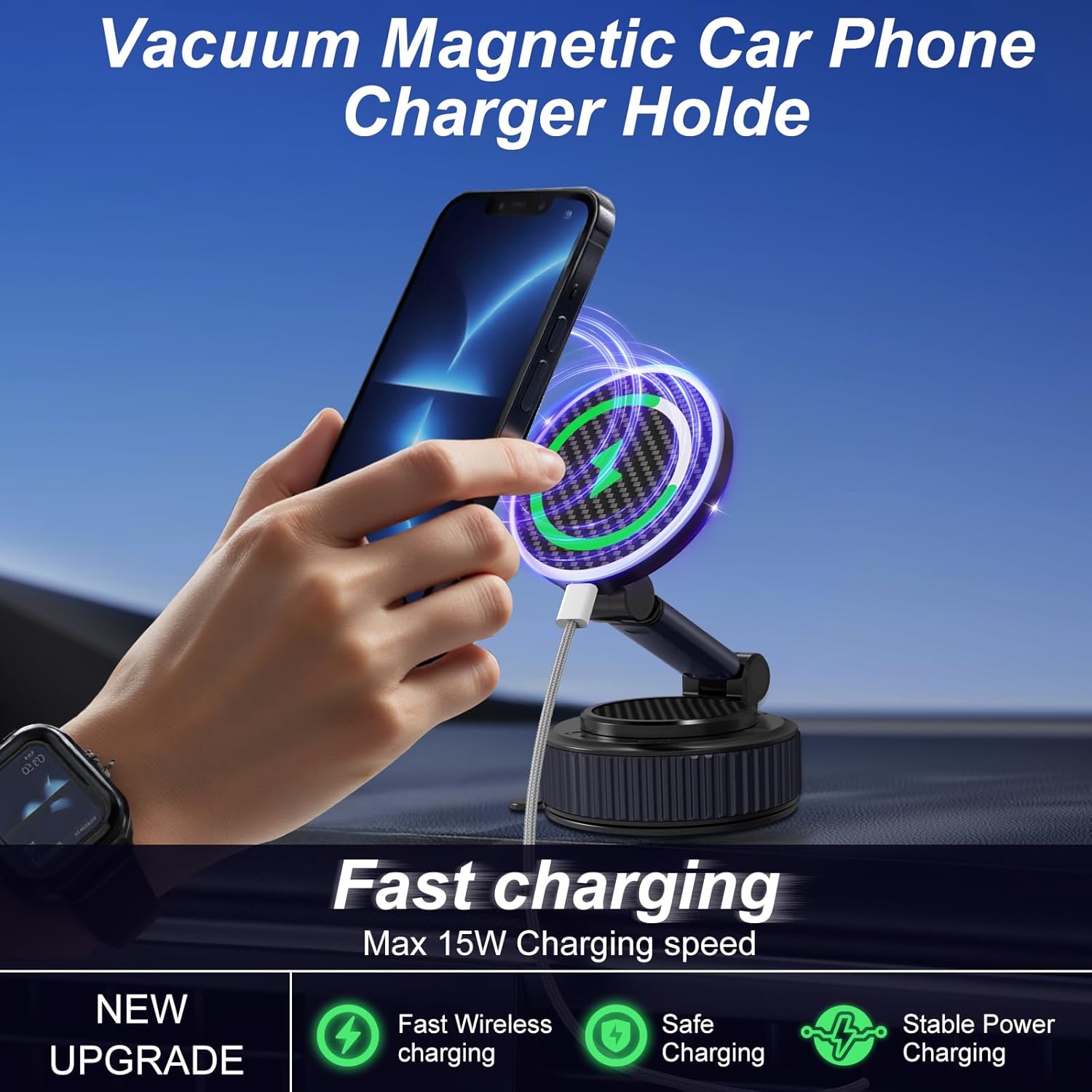 Magnetic Phone Charging Holder for Car - Upgraded 360° Vacuum Magnetic Phone Holder, Foldable Retractable Suction Cup Car Phone Mount for Magsafe for Your Car/Gym/Mirror Mount for iPhone & Android