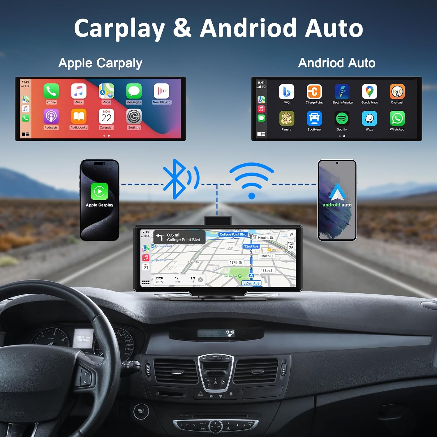 Apple carplay & Android Auto,Wireless Double din 10.26 inch Dash Cam with Front Camera and Backup Camera.GPS Navigation,Mirror Link/Voice Control/Bluetooth for Car RV Pickup Bus Trailer.etc