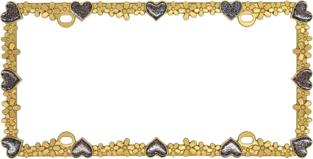 Creathome 3D Shining Daisy Heart License Plate Frame from Pure Zinc Alloy Metal Perfect Plate Holder, Matt Gold with Black Glitter, Luminously Heart