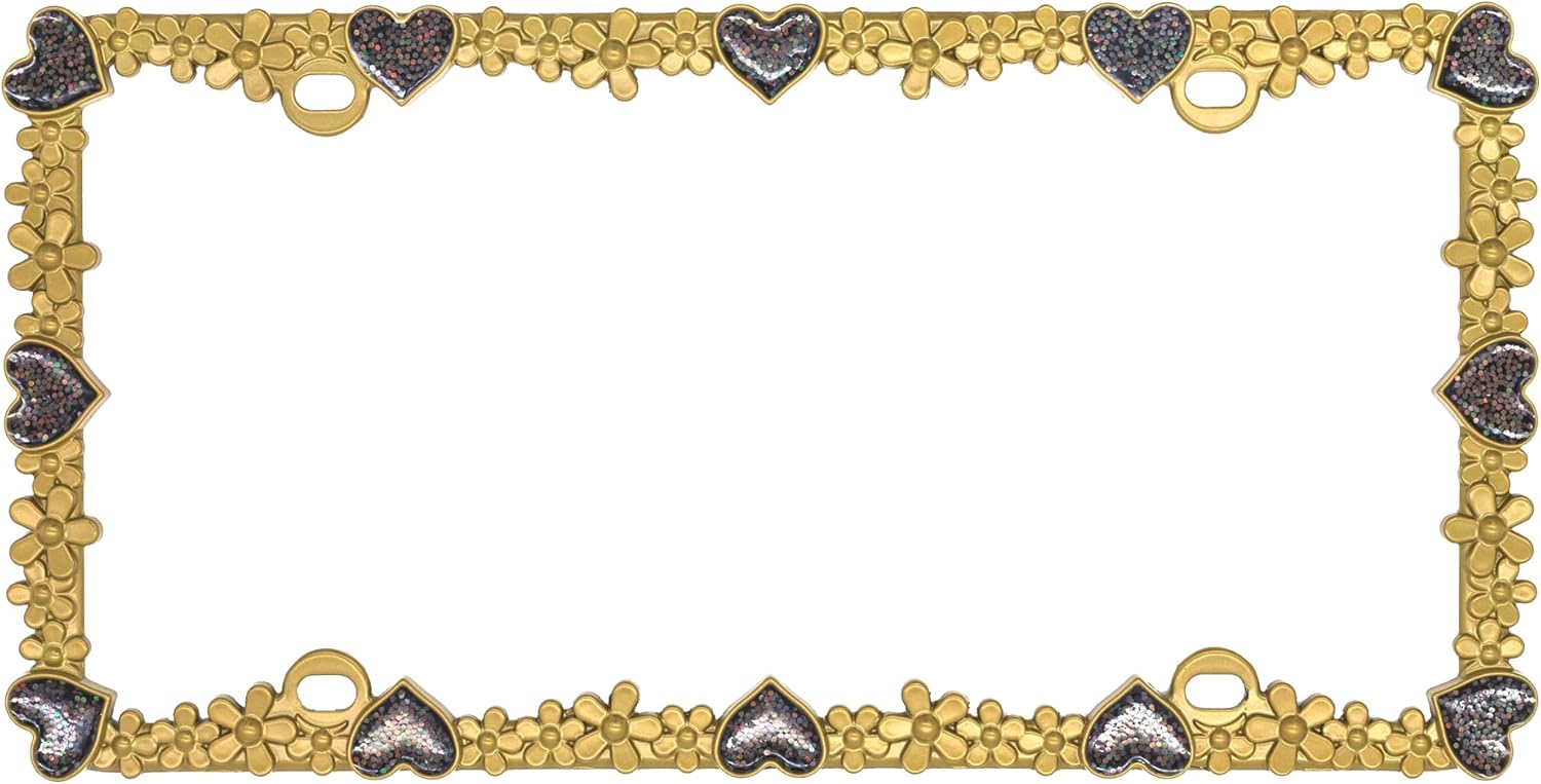 Creathome 3D Shining Daisy Heart License Plate Frame from Pure Zinc Alloy Metal Perfect Plate Holder, Matt Gold with Black Glitter, Luminously Heart