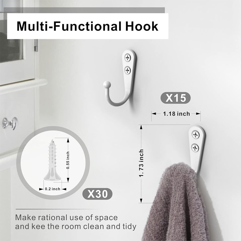 15PCS Coat Hooks - White Robe & Coat Wall Hooks with 30 Screws