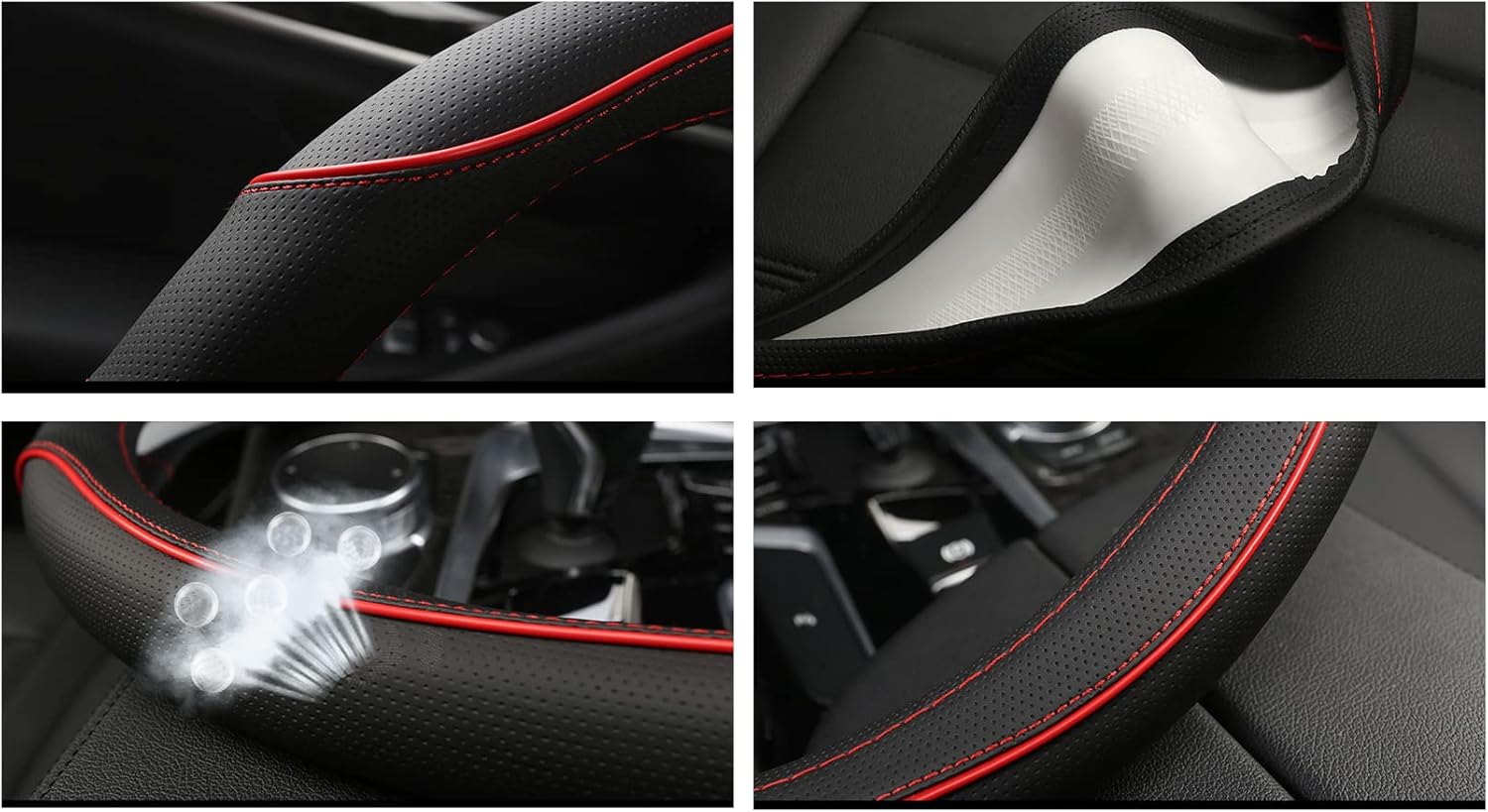 D Shape Car Steering Wheel Cover, Universal 15 inch Stitching Color Anti-Slip Steering Wheel Protector, Red and Black Style (Compact Packaging D Shape)