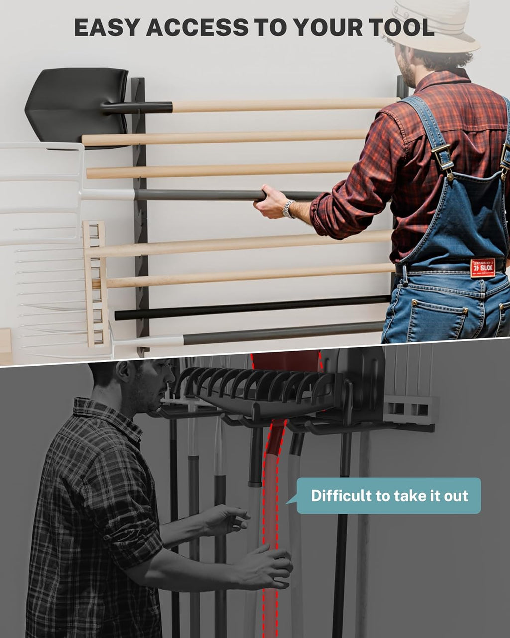 Garage Tool Organizer Wall Mount, Shed Yard Tool Organizer for Garage, Horizontal Organization Tool Racks for Walls, Shovels and Rakes, 3FT