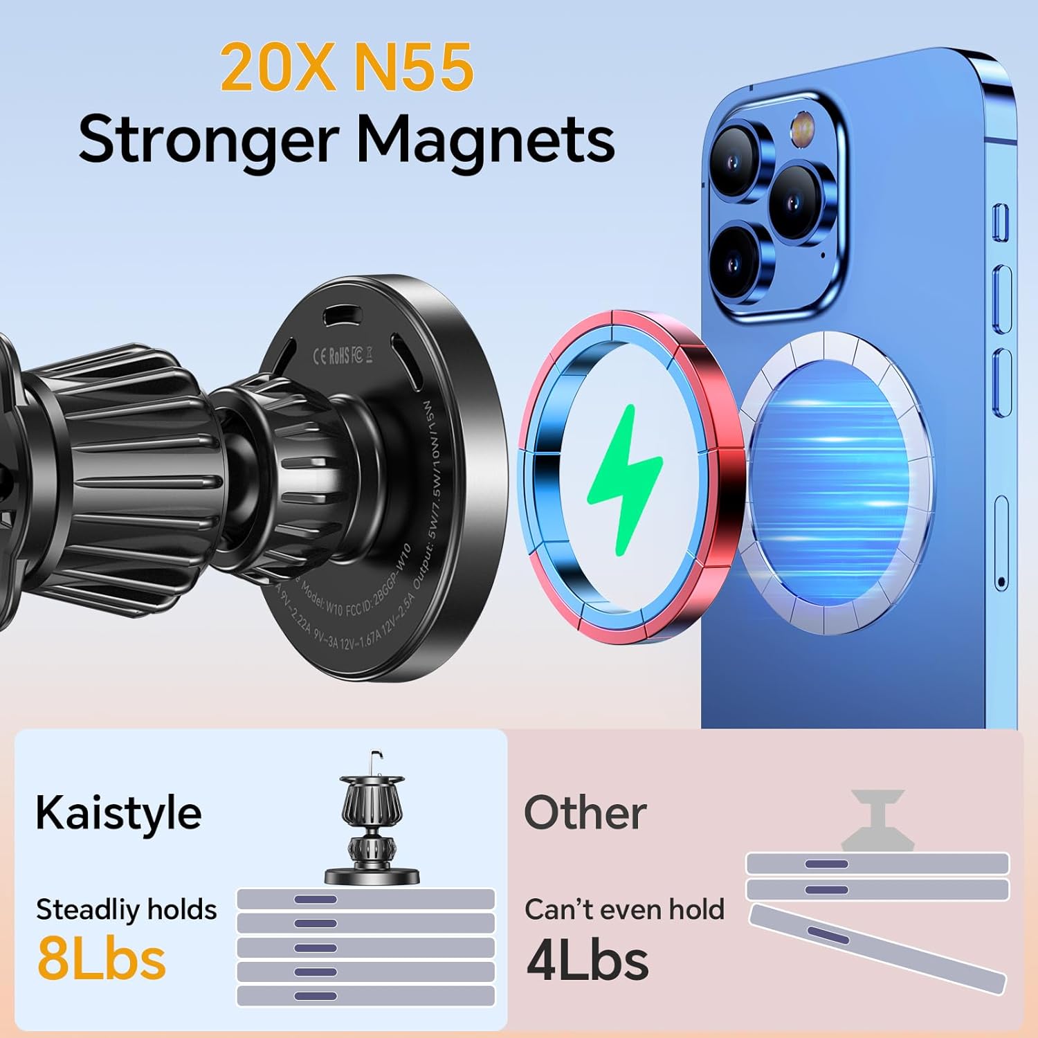 Kaistyle for MagSafe Car Mount Charger【Stronger Magnets】 iPhone Magnetic Wireless Car Charger【Dashboard+Vent】 for Magsafe Charger Cell Phone Car Mount for iPhone 16 Pro Max 15 14 13 12 MagSafe Cases