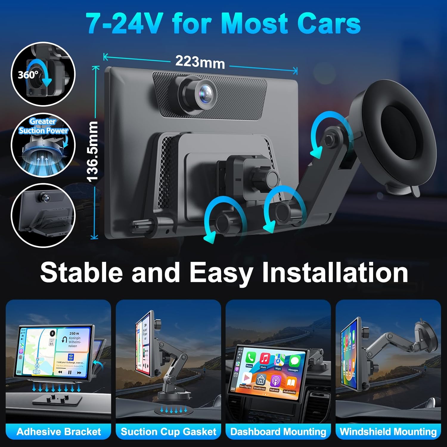 Wireless Portable Carplay Screen with 4K Dash Cam, Android Auto, 9'' Auto-Dimming Screen with Strongest Suction Mount, GPS Navigation for Car, 1080P Backup Camera, Loop Recording