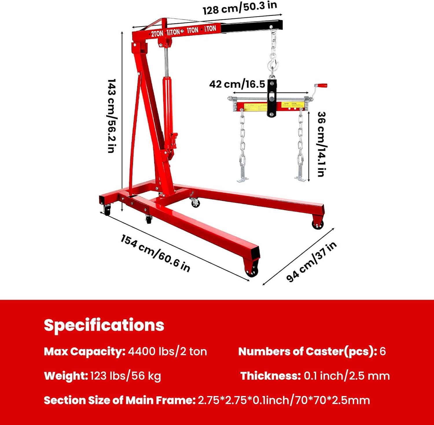 2 Ton Engine Hoist, Folding Hydraulic Cherry Picker Engine Hoist, 60.6x37x56.2 Inch Alloy Steel Hydraulic Lift with Lever, 6 Swivel Wheels and Engine Leveler, Garage Auto Repair Tools (Red)