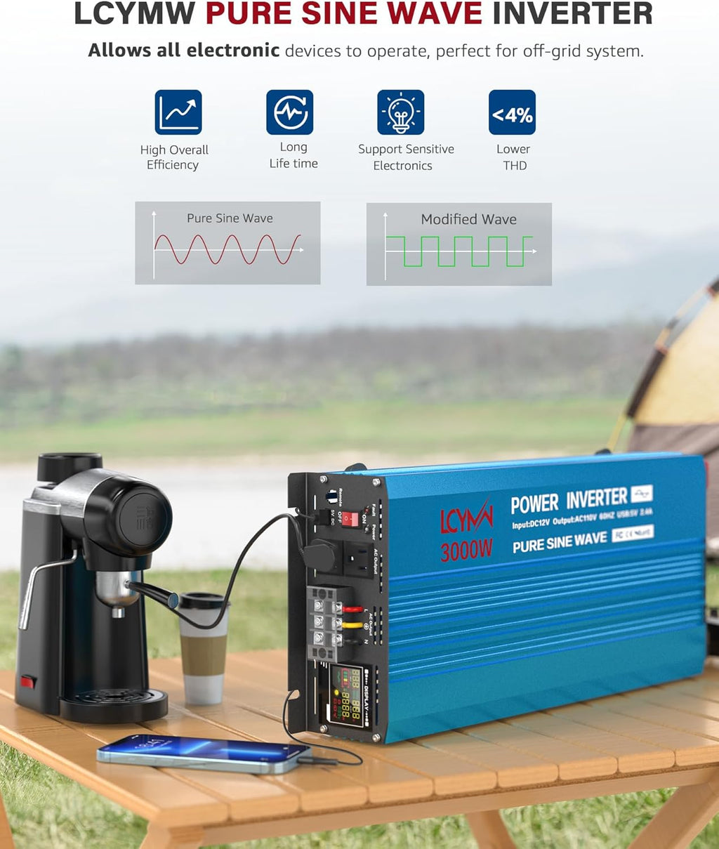 3000 Watt Inverter Pure Sine Wave DC 12V to 110V AC Power Inverters with 3 AC Charger Outlets, Car Inverter Solar Power Inverters for Vehicles Home with LCD Display and 2.4A USB Charging Ports