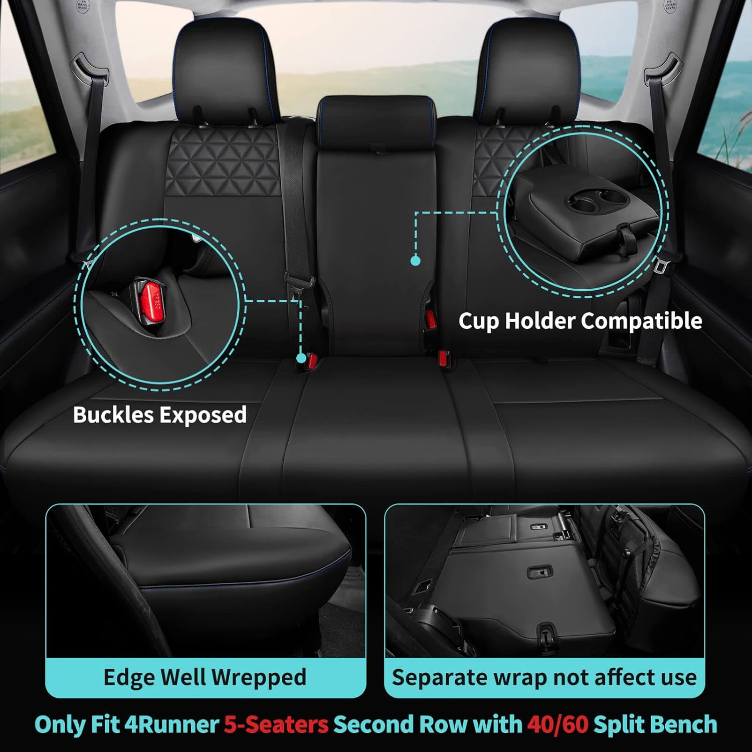Seat Covers for Toyota 4Runner 2011-2024, Faux Leather Car Seat Cover Full Set, 2-Row-Only for 5 Seats Version-BlackBlue