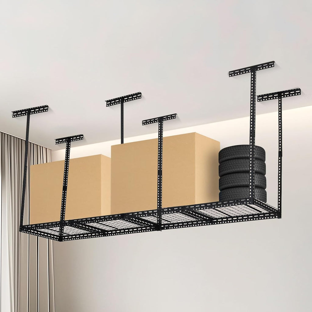 Overhead Garage Storage Rack, Heavy Duty Ceiling Storage Racks for Garage, Adjustable Height, 660LBS Weight Loading,2x8 FT Hanging Organizer Shelving for Warehouse Basement, Black