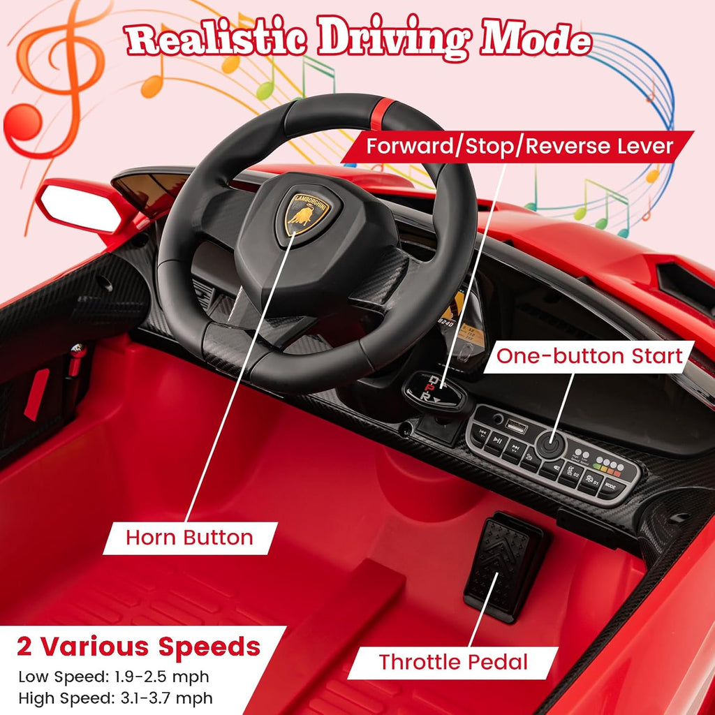 Costzon Ride on Car, Lamborghini Licensed 12V Battery Powered 4WD Sports Car with Remote Control, 3 Speeds, Hydraulic Doors, LED Lights, Towing Wheel, Horn, Music, Electric Vehicle for Kids Aged 3-8