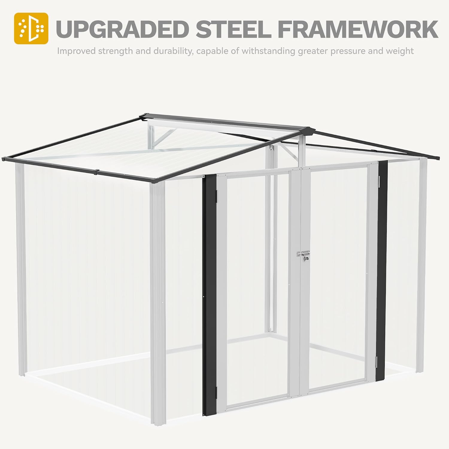 DWVO 8x6ft Metal Outdoor Storage Shed, Waterproof Tool Shed Heavy-Duty Storage Unit with Lockable Door and Vents, Ideal for Bicycles, Tools, Lawnmowers, Backyards, Patios, Lawns - White