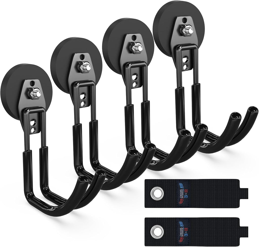 3-H Heavy Duty Magnet Garage Hooks 4 Pack, J Shape Strong Magnetic Hooks for Hanging Cordless Power Drill, Utility Magnetic Tool Holder for Metal Cabinet, Steel Pegboard, Toolbox, Garage(Black)
